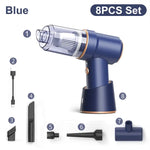 Product image of a blue 8-piece handheld mini vacuum set, showing the vacuum with a transparent dust cup and numbered accessories including a USB charging cable, brush tips, crevice nozzles, and an attachment head.