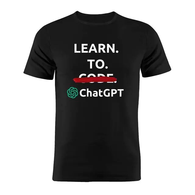 Black graphic T-shirt with white slogan text and ChatGPT logo on the front.