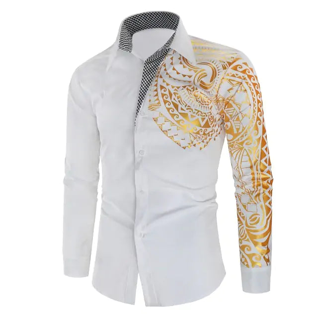 Men’s white long-sleeve shirt with gold print.
