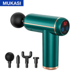 Handheld MUKASI massage gun in metallic teal with rose-gold accents and a digital display showing “32,” pictured with four interchangeable black attachments (ball, bullet, fork, and flat head) on a white background.