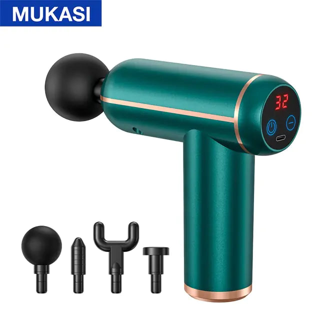 Handheld MUKASI massage gun in metallic teal with rose-gold accents and a digital display showing “32,” pictured with four interchangeable black attachments (ball, bullet, fork, and flat head) on a white background.