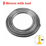 A roll of 3-meter long black trim or weather stripping, along with a yellow tool for installation, displayed in the bottom right corner.