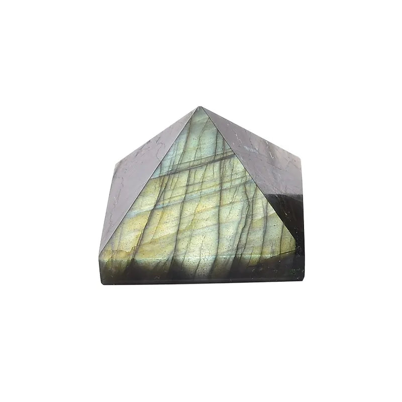 Polished faceted gemstone with a pyramid-like shape, showing gray stone with iridescent green and gold bands on a white background.