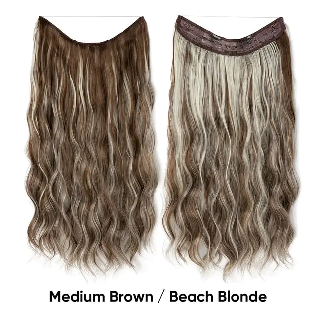 Two long wavy clip-in hair extensions in golden/beach blonde, shown front and back with a clip weft on a white background; text reads “Golden Blonde / Beach Blonde.