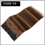 Smooth, straight medium-brown clip-in hair extension weft with a black attachment band, labeled “SG66B 12#” in the top-left corner.