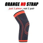A black knee compression sleeve without straps, featuring a textured and contoured design for joint support. The image includes bold text that reads: "BLACK NO STRAP" in black and red, and underneath in red and black text: "just 1 piece, not 1 pair.