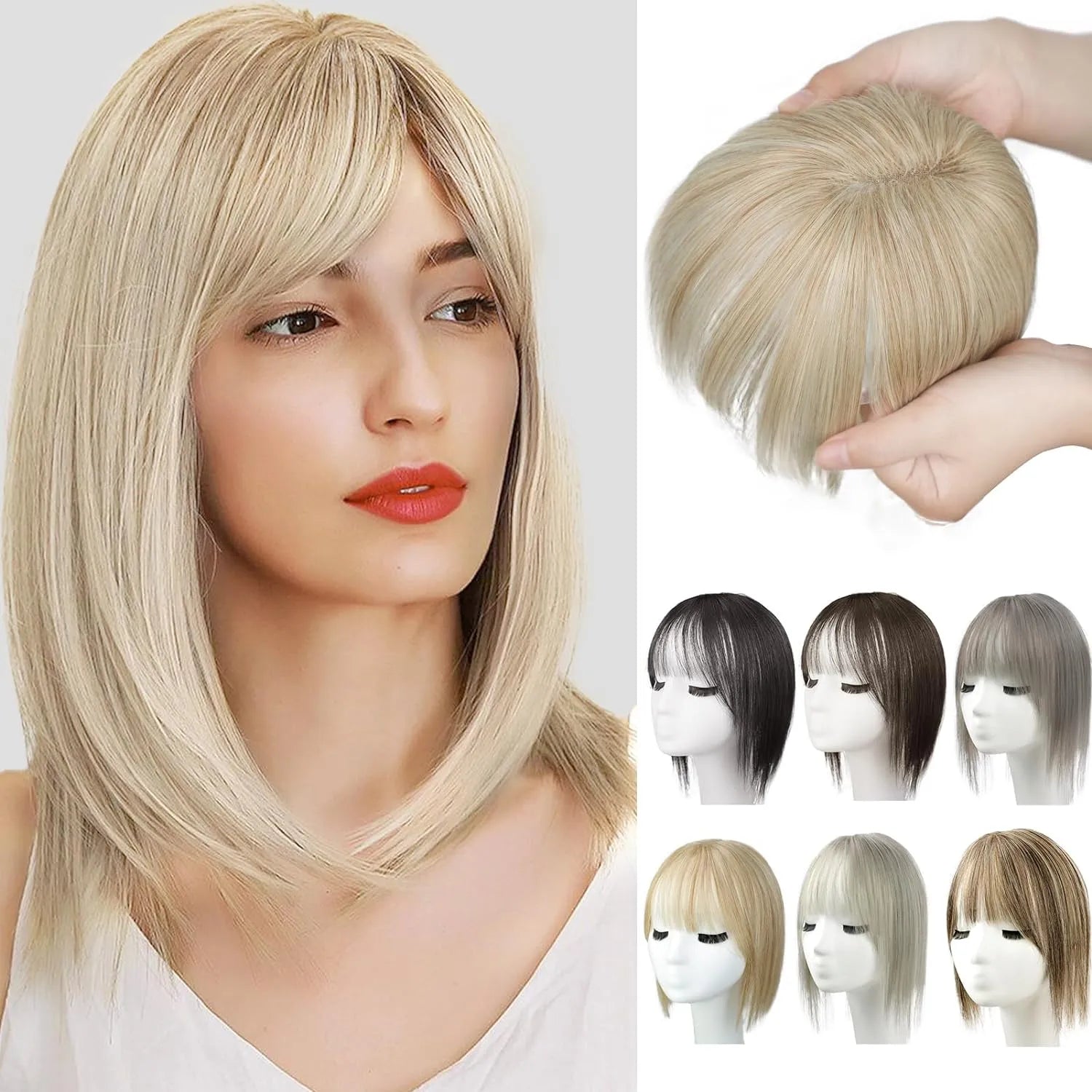 Blonde bob wig with side-swept bangs shown on a model, alongside a matching clip-in bangs/topper piece held in hands and small thumbnail images showing other color options.