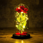 A glowing red rose encased in a glass dome with twinkling fairy lights.