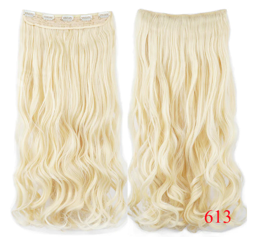 Two long wavy blonde hair extension wefts shown front and back on a white background, with small clip attachments visible on one piece and the color number “613” in the corner.