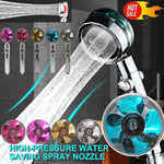 High-pressure handheld shower head with water-saving spray nozzle and coloured turbine inserts.
