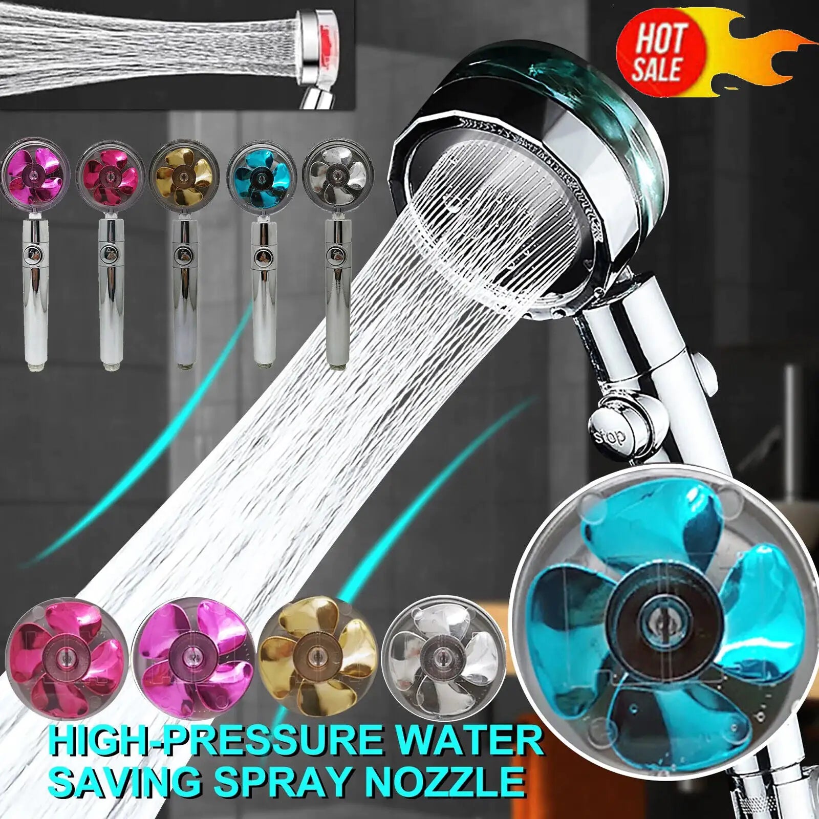 High-pressure handheld shower head with water-saving spray nozzle and coloured turbine inserts.
