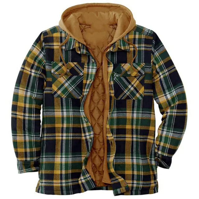 Men’s brown striped hooded jacket with quilted lining.

