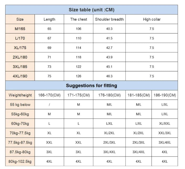 Thermal Regulation Jacket Size Chart